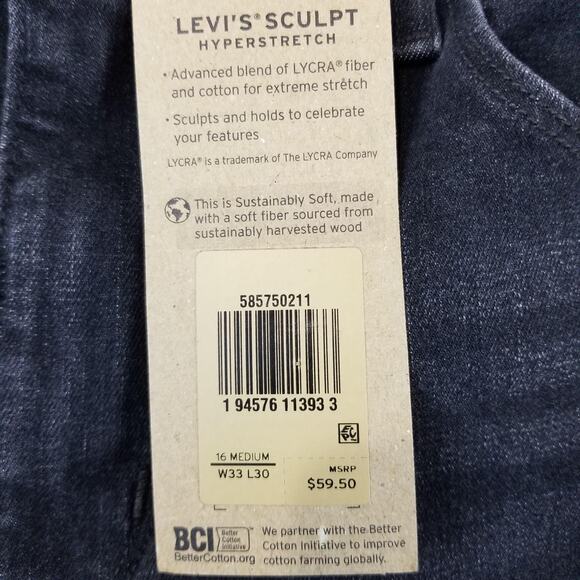 Levis Mid Rise Skinny Jeans Womens 16 Black Stretch Sculpt W33 L30 NWT Pants - Picture 6 of 16